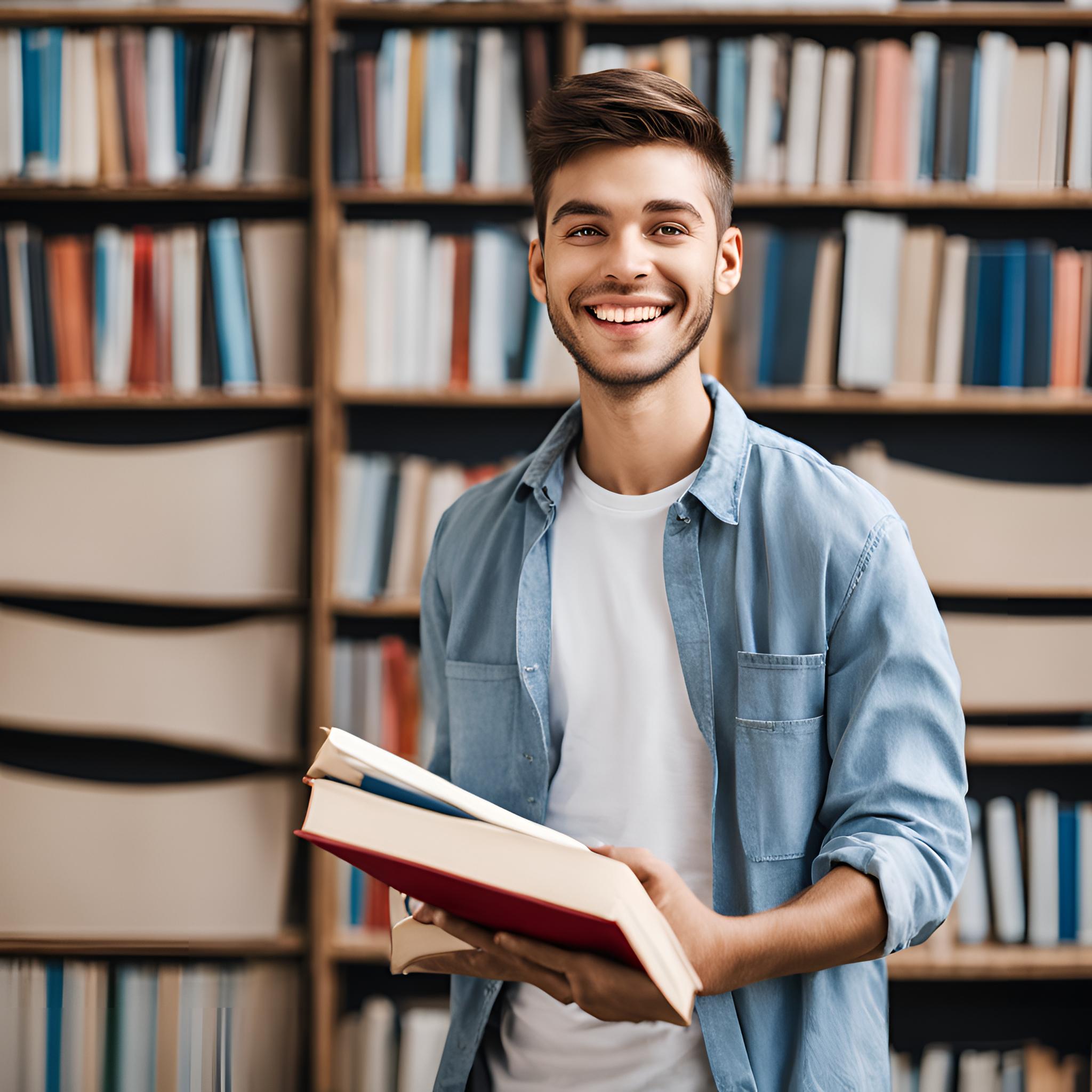 image of young guy in university smilling holding books